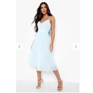 Boohoo Fairy Midi Skater Bridesmaid Dress Light Blue Spaghetti Strap Dress